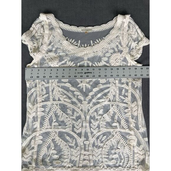 Capri sheer embroidered lace top women M ivory floral mesh boho blouse - Picture 3 of 6